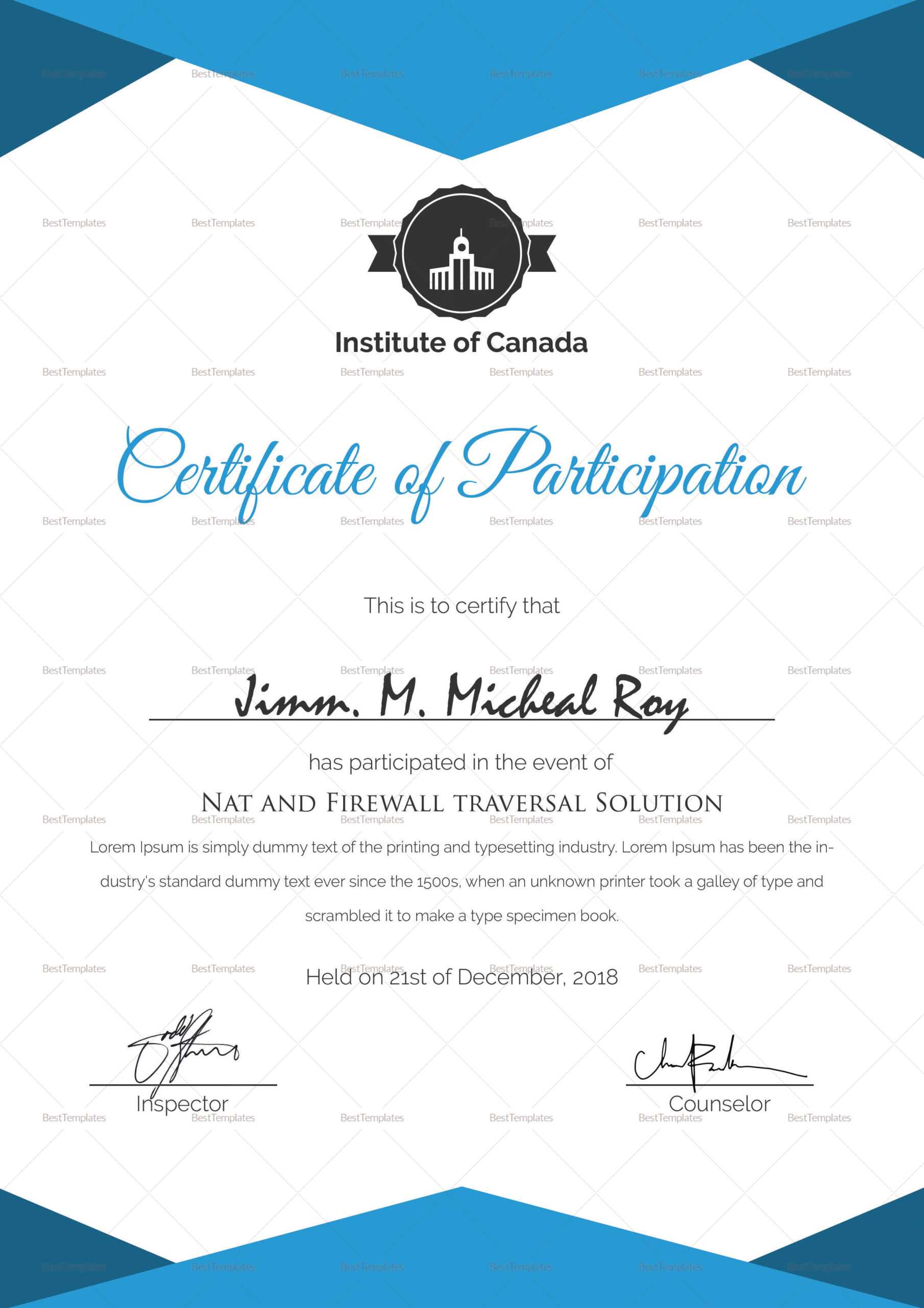 Sample Certificate Of Participation Template Intended For Certificate Of Participation Word Template