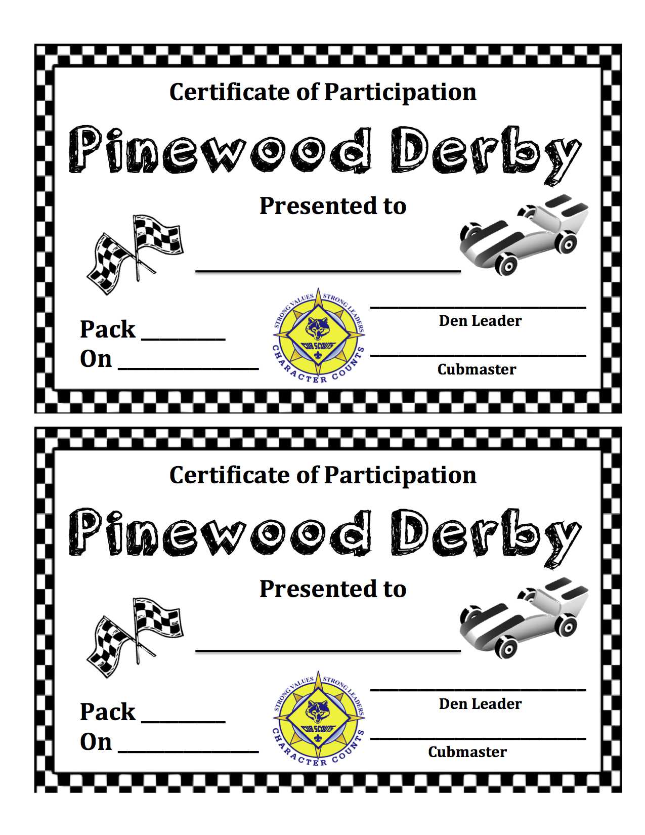 Sample Certificate: Pinewood Derby Certificates Within Pinewood Derby Certificate Template