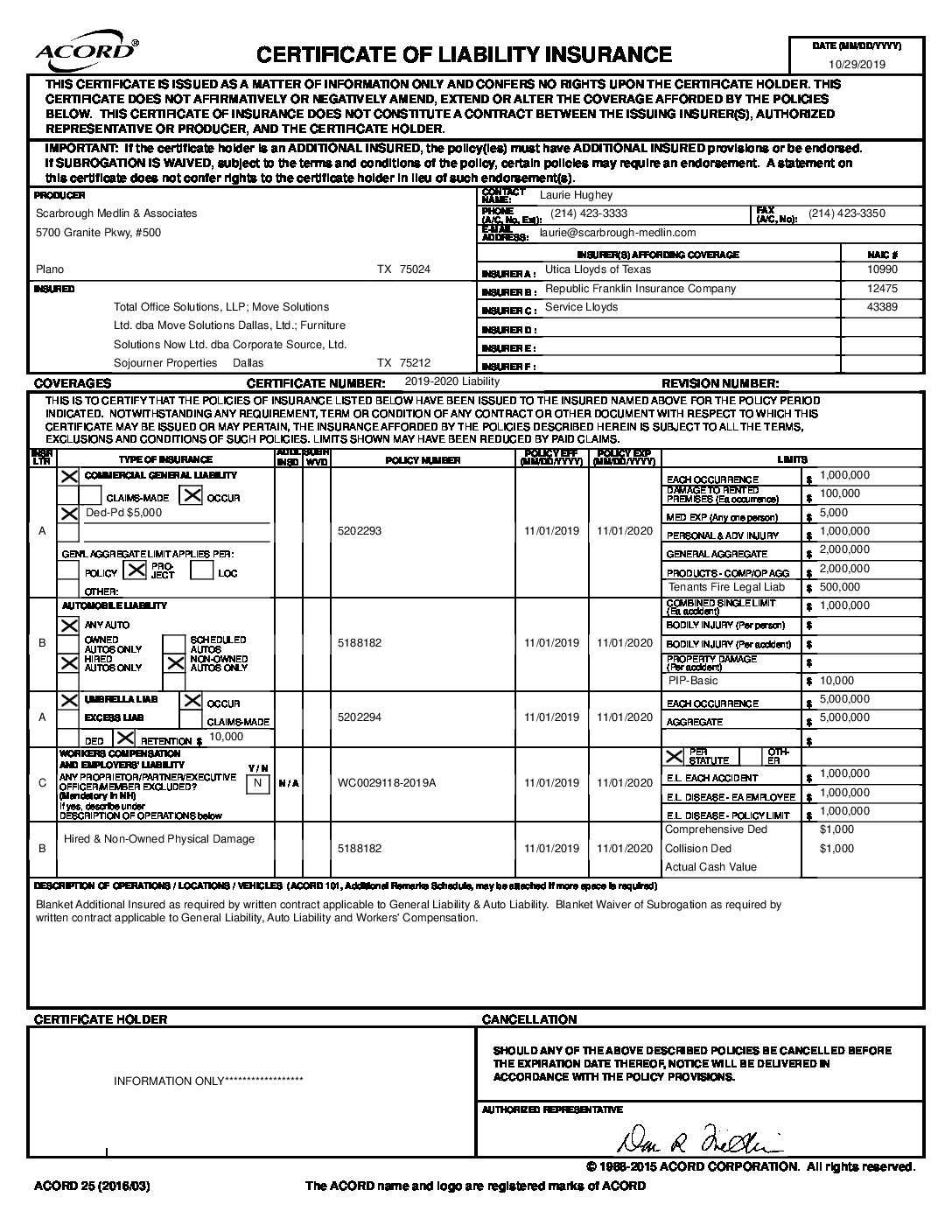 Sample Coi – Certification Of Insurance | Move Solutions In Acord Insurance Certificate Template