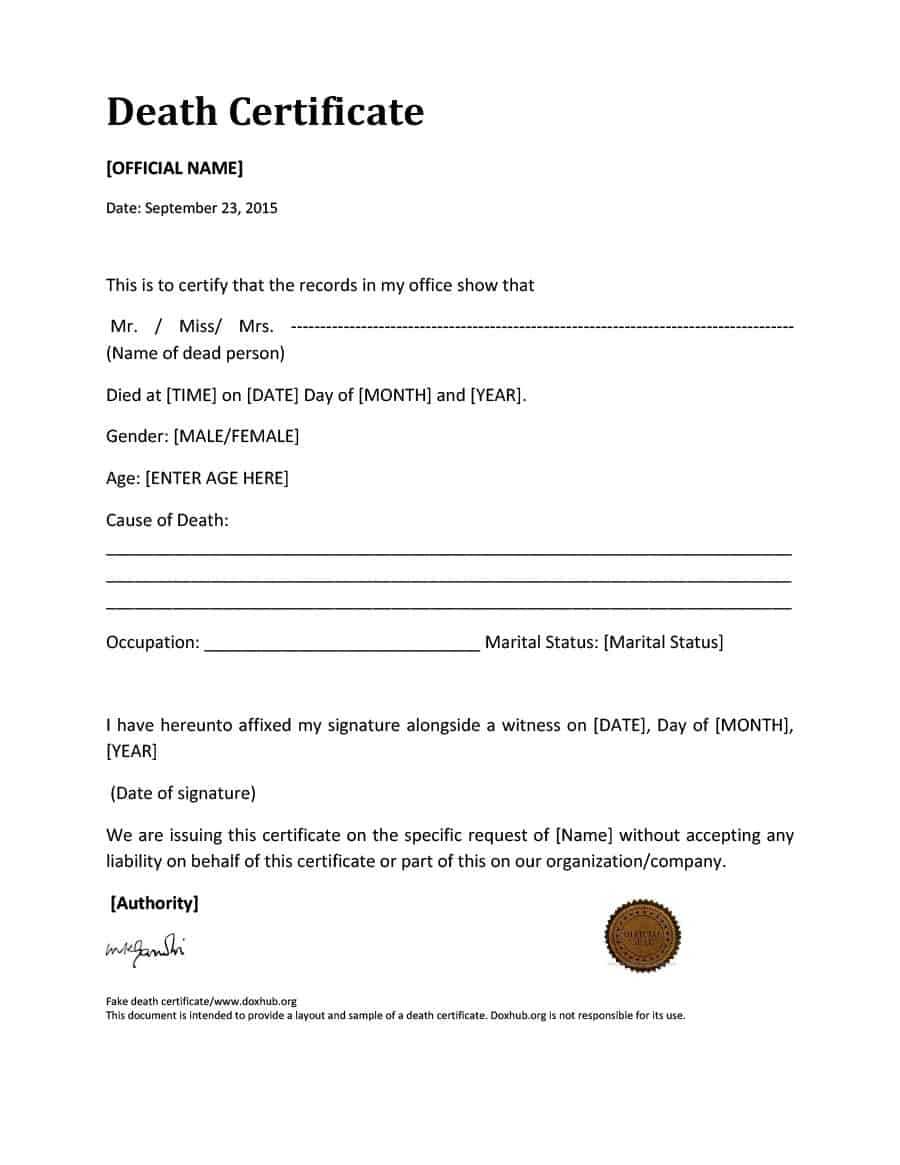 Sample Of Death Certificate – Milas.westernscandinavia For Free Fake Medical Certificate Template