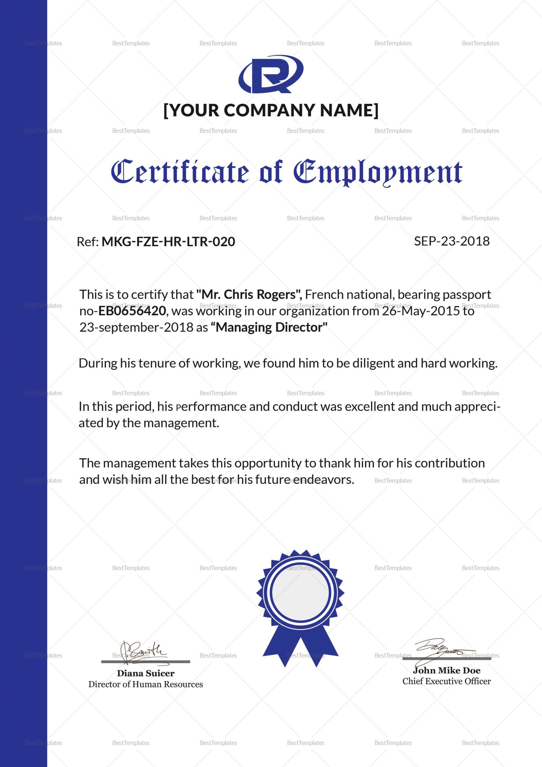 Sample Of Employment Certificate – Milas.westernscandinavia Inside Certificate Of Employment Template