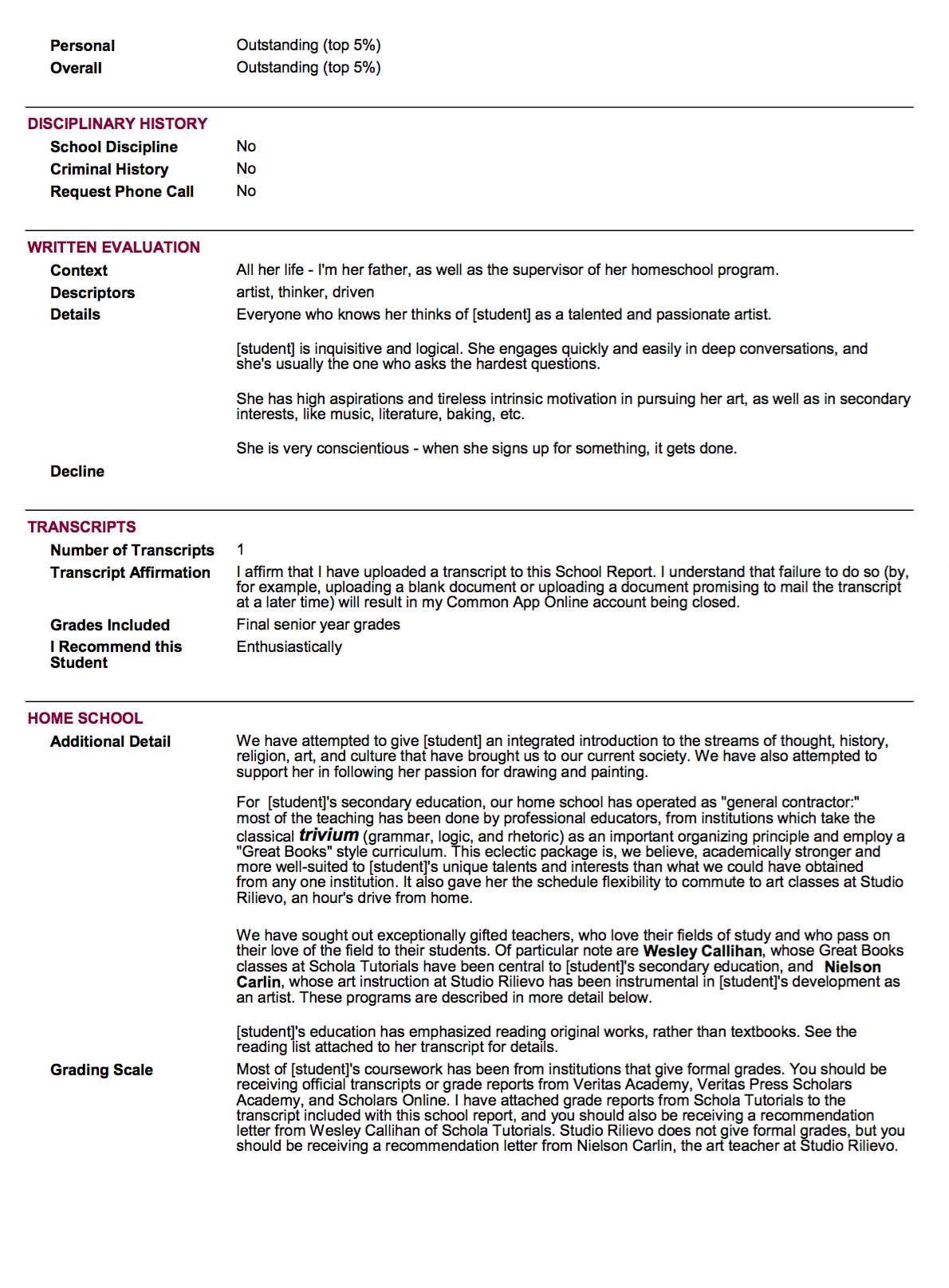 Sample School Report And Transcript (For Homeschoolers For Homeschool Middle School Report Card Template