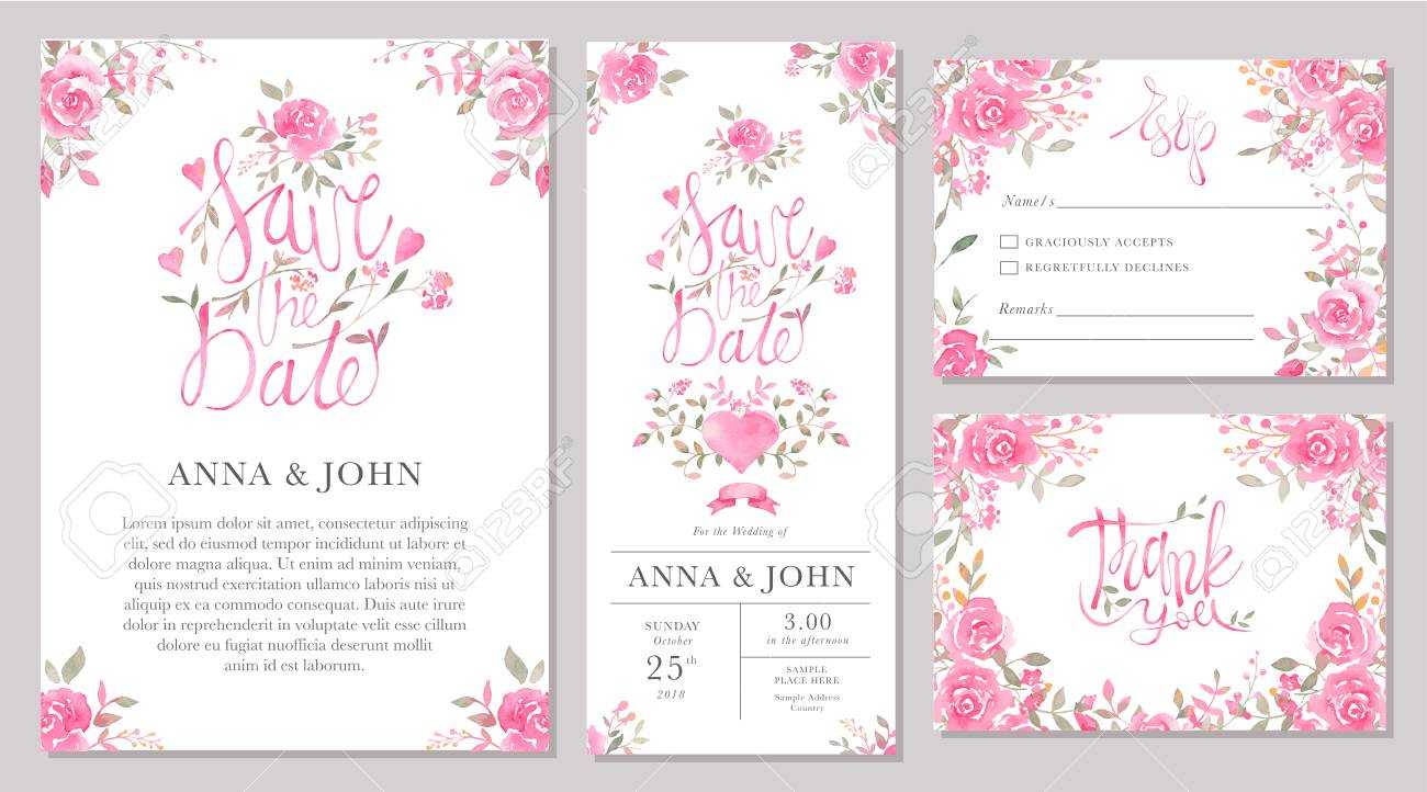 Set Of Wedding Invitation Card Templates With Watercolor Rose.. Within Sample Wedding Invitation Cards Templates