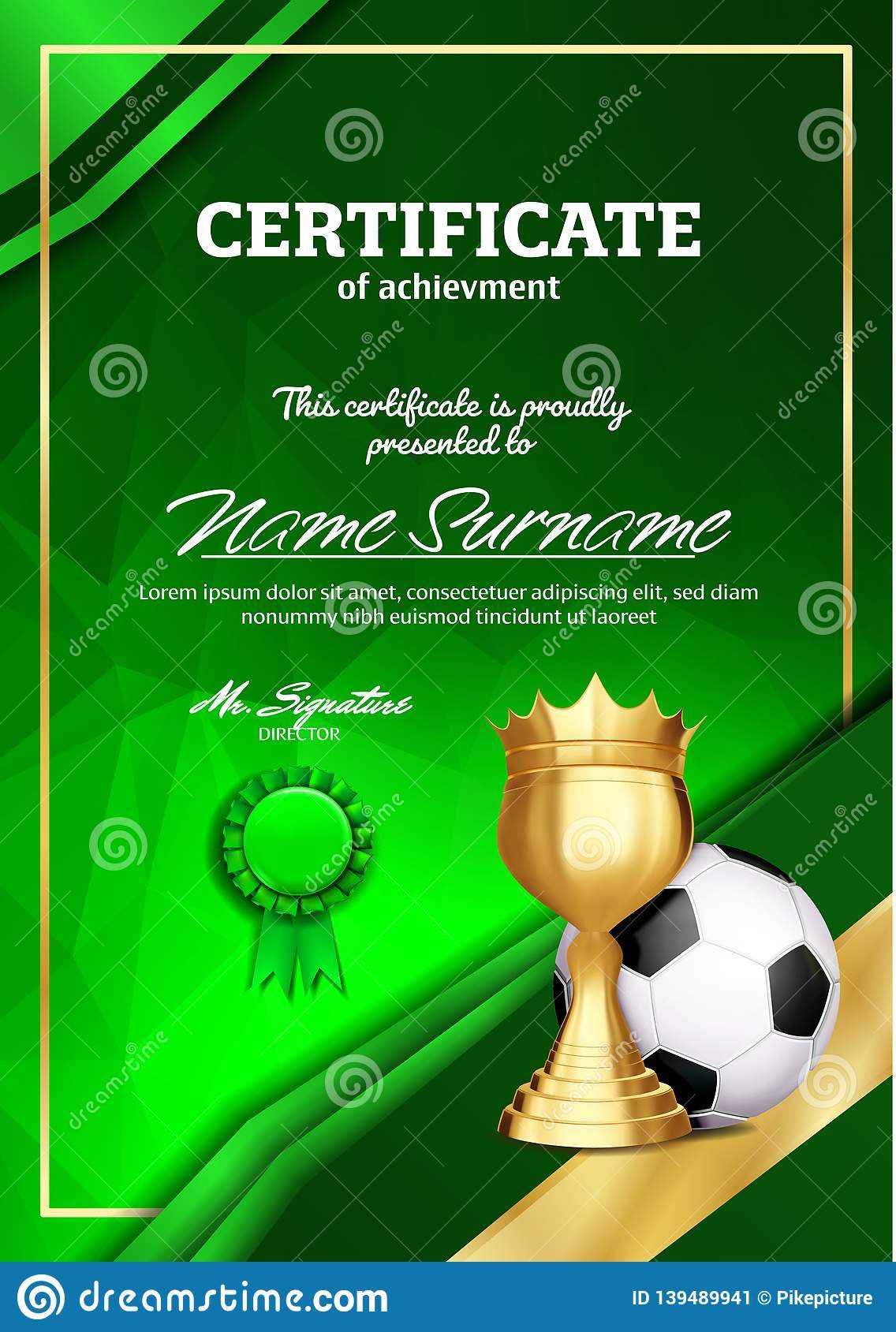 Soccer Certificate Diploma With Golden Cup Vector. Football Within Soccer Certificate Template