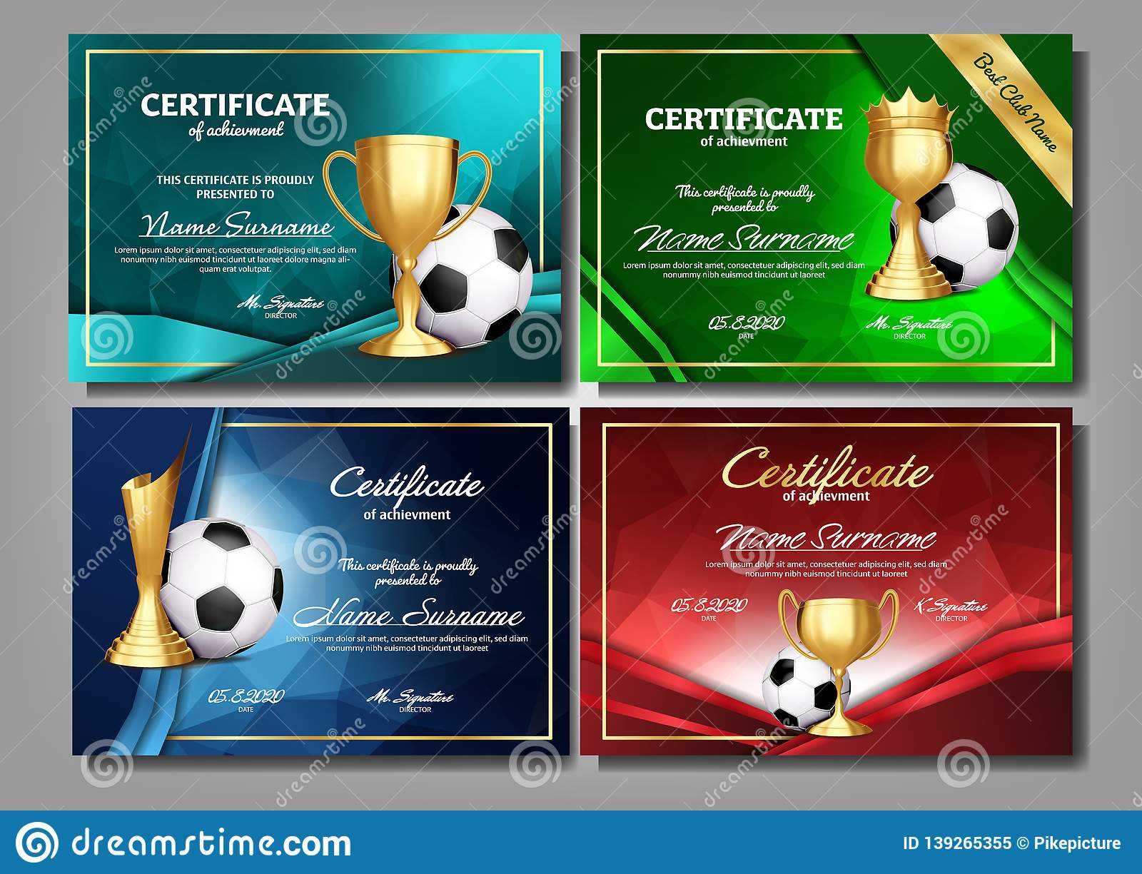 Soccer Game Certificate Diploma With Golden Cup Set Vector Within Soccer Award Certificate Template