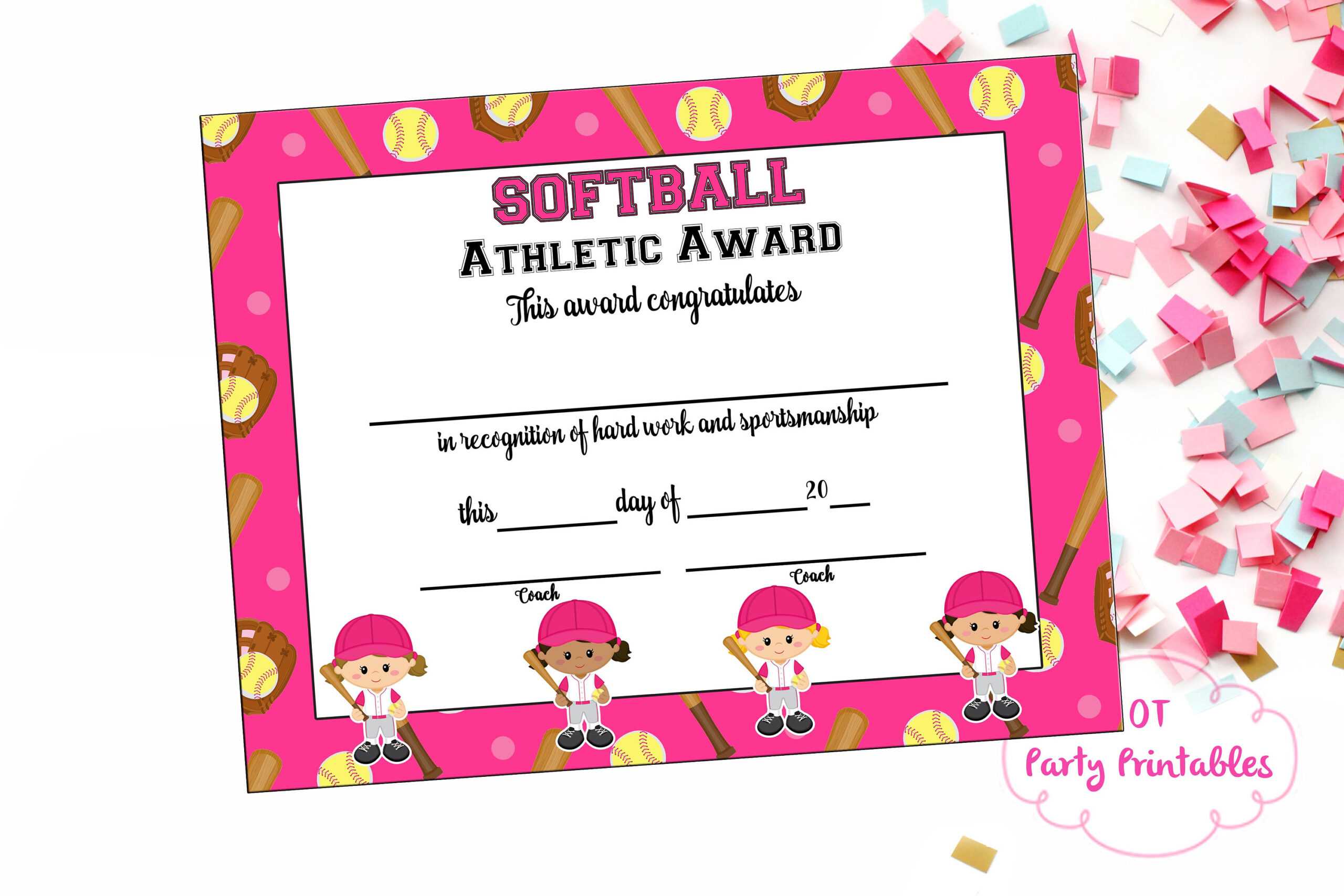 Softball Certificate Of Achievement – Softball Award – Print At Home –  Softball Mvp – Softball Certificate Of Completion – Sports Award Within Softball Award Certificate Template