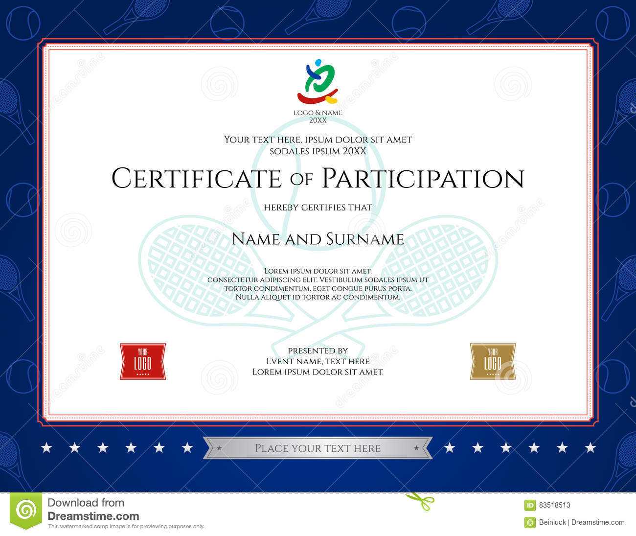 Sport Theme Certification Of Participation Template Stock Throughout Tennis Gift Certificate Template