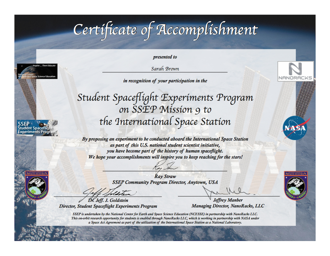 Ssep Mission 9 To Iss Student Certificates Of Accomplishment With Regard To International Conference Certificate Templates