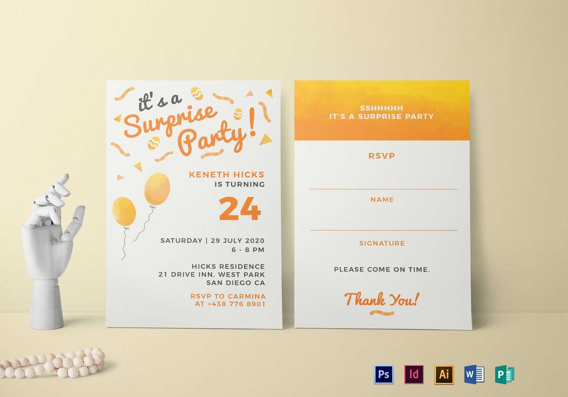 Surprise Birthday Party Invitation Template Intended For Birthday Card Template Indesign