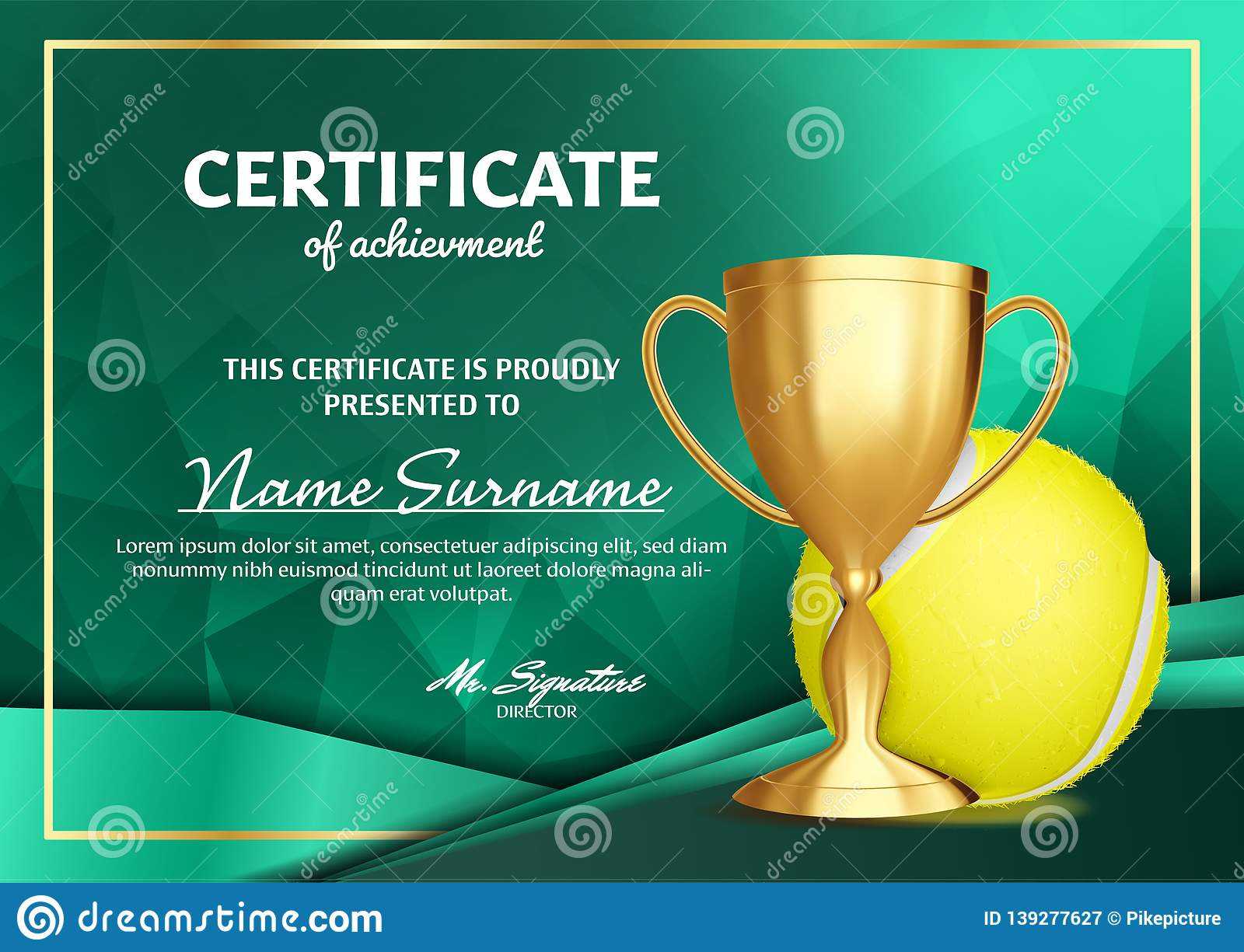 Tennis Certificate Diploma With Golden Cup Vector. Sport For Tennis Certificate Template Free