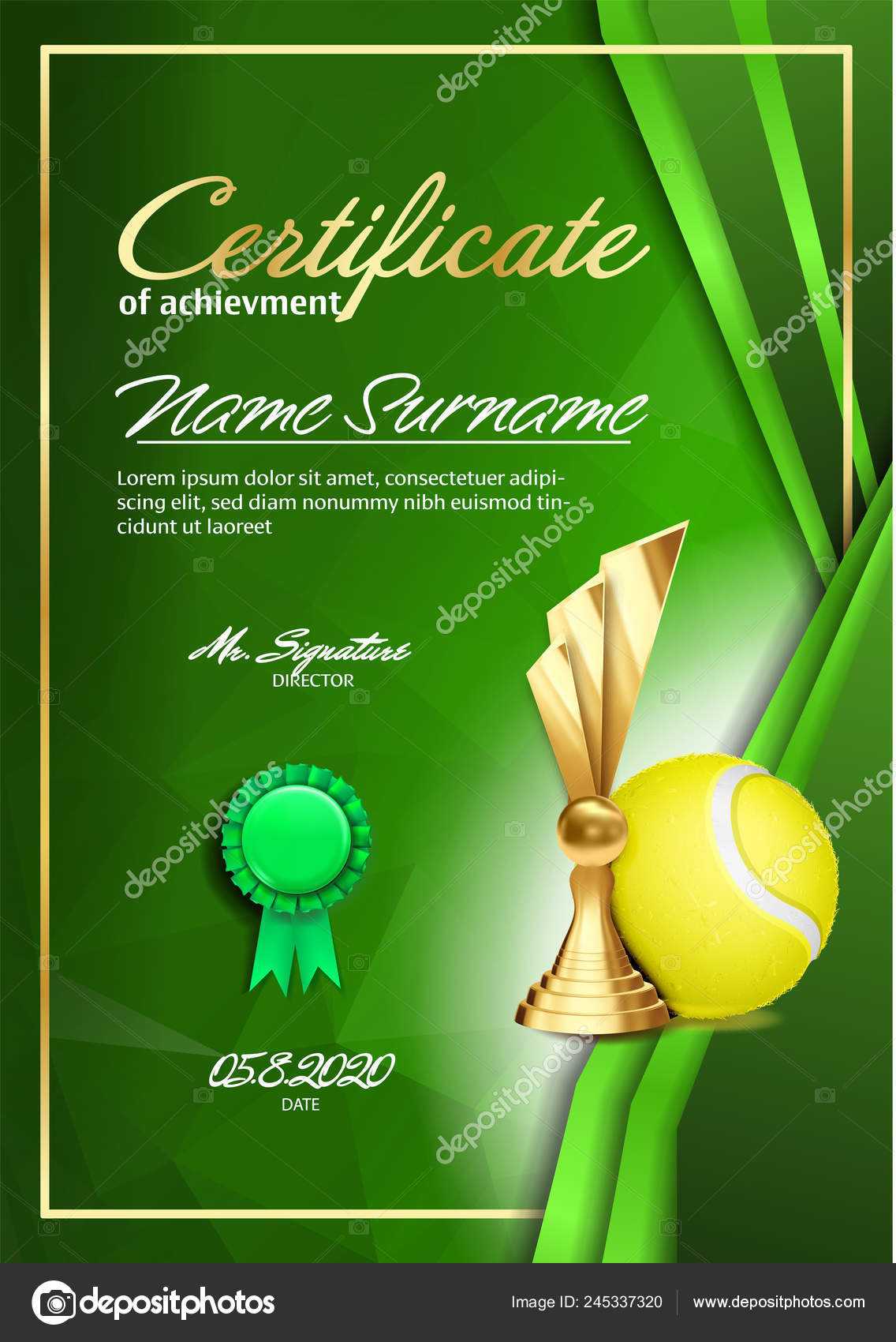 Tennis Certificate Diploma With Golden Cup Vector. Sport With Regard To Tennis Certificate Template Free