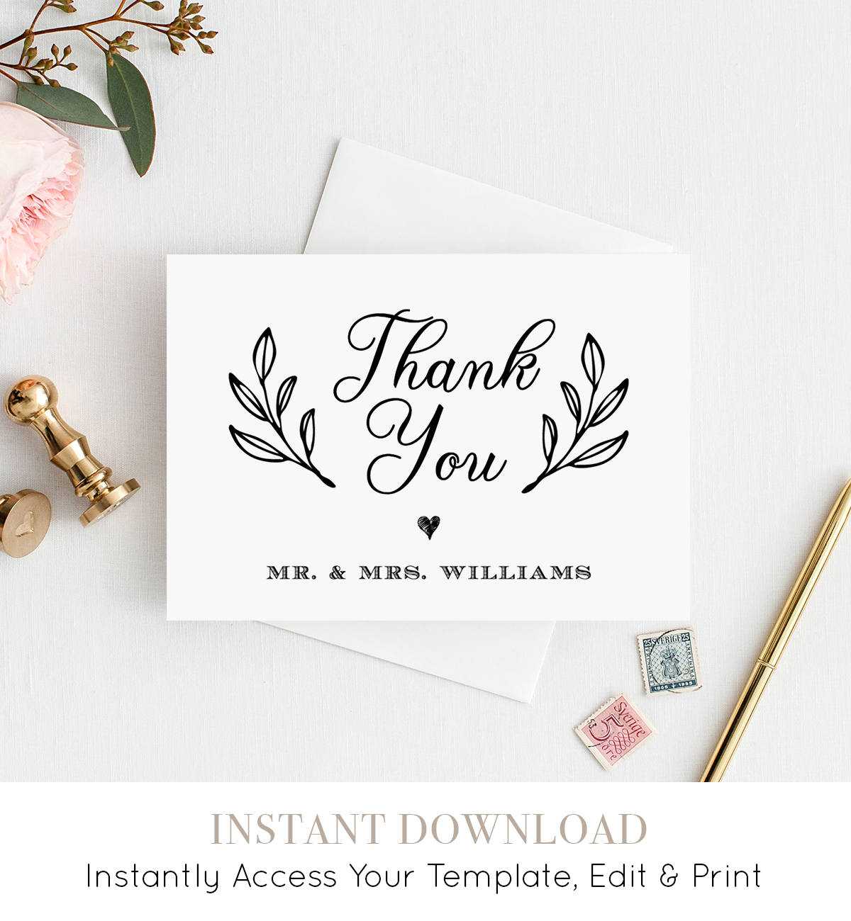 Thank You Card Template, Printable Rustic Wedding Thank Throughout Thank You Note Cards Template