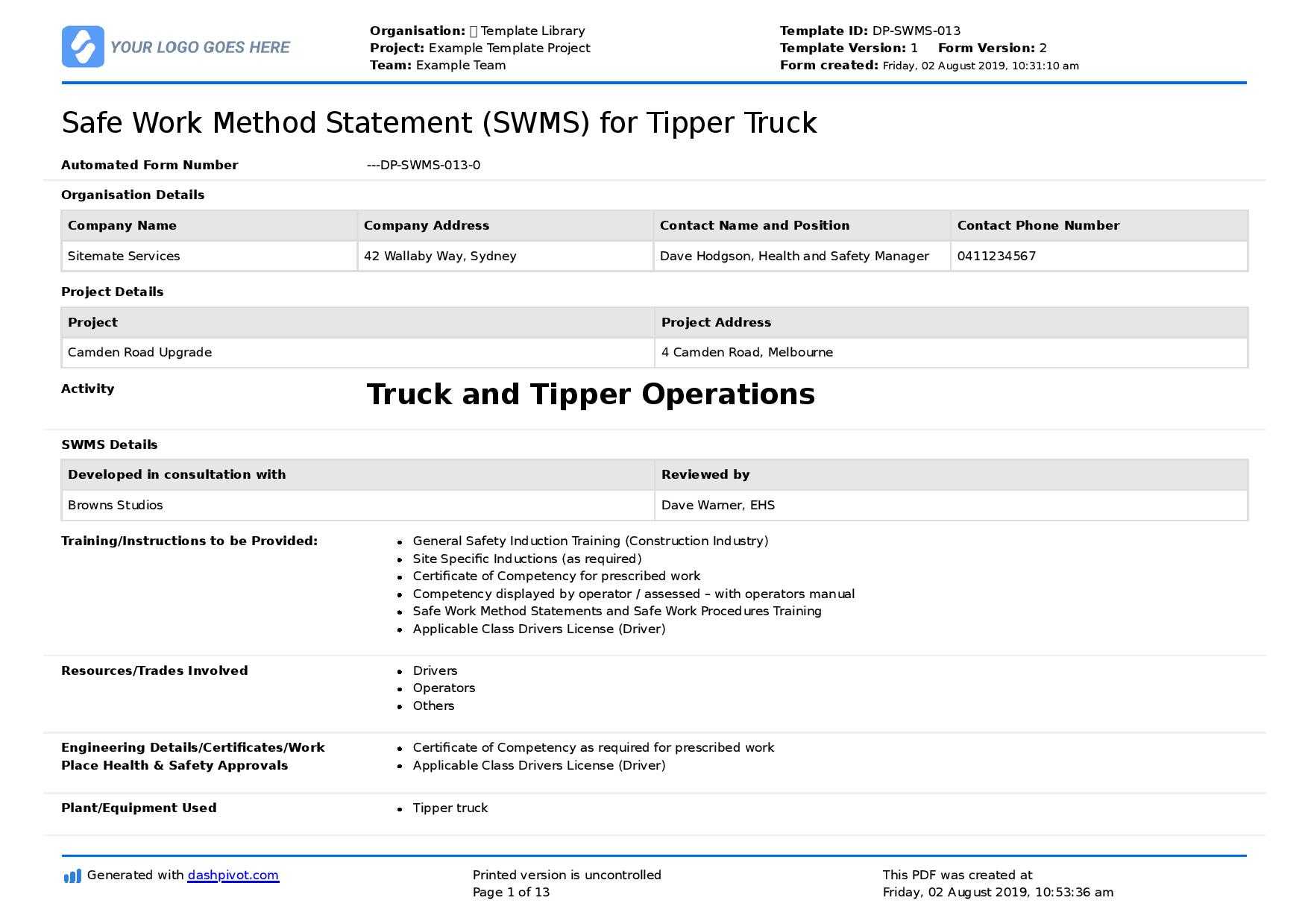 Tipper Truck Safe Work Method Statement: Use And Edit This Swms Regarding Safe Driving Certificate Template