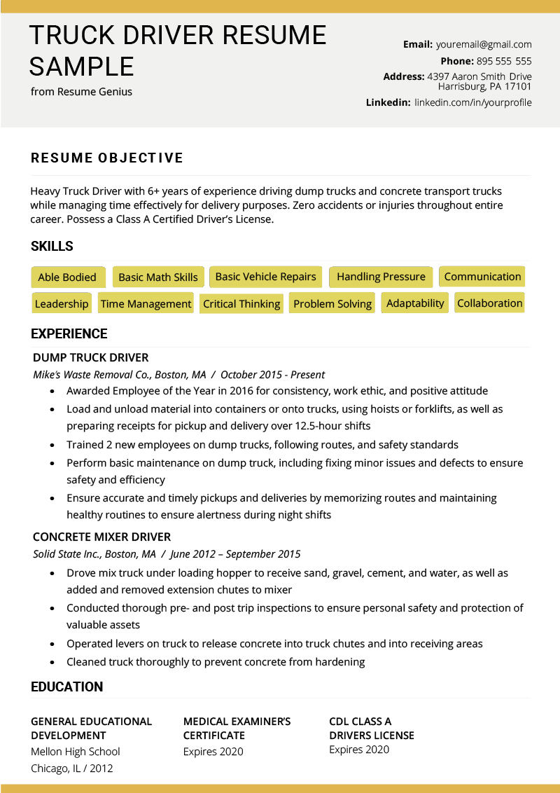 Truck Driver Resume Sample And Tips | Resume Genius With Safe Driving Certificate Template