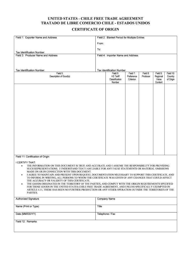 United States Chile Trade Agreement Form – Fill Online In Certificate Of Origin For A Vehicle Template