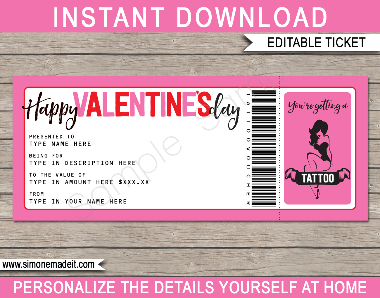 Valentine's Day Tattoo Gift Vouchers In Pink Gift Certificate Template