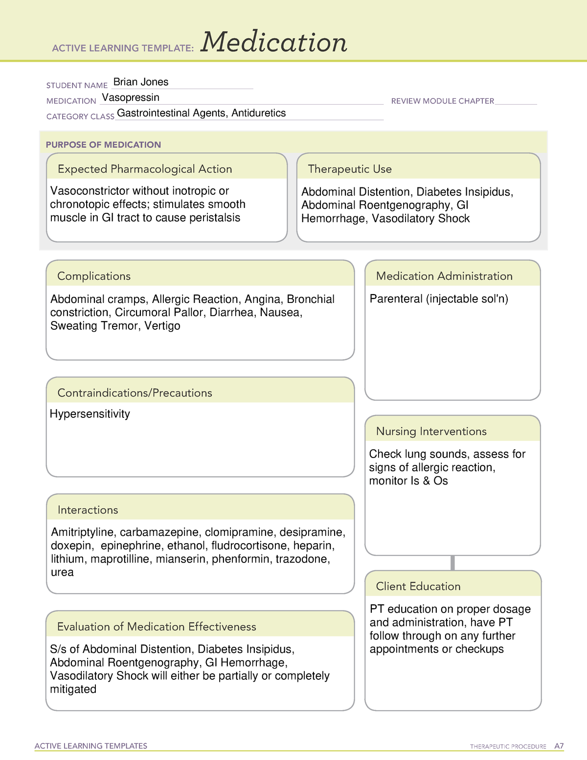 Vasopressin Med Card – Nr 291 Pharmacology I – Studocu Intended For Med Cards Template