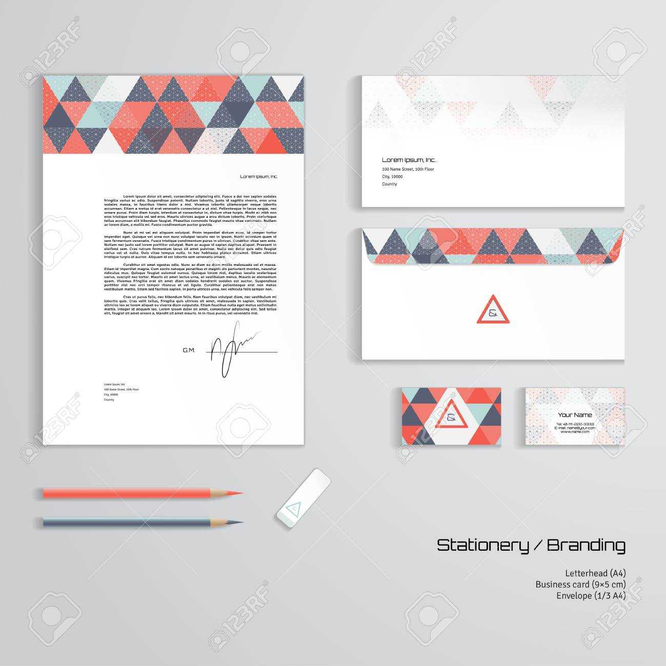 Vector Corporate Identity Templates. Multicolored Geometric Pattern.. Inside Business Card Letterhead Envelope Template