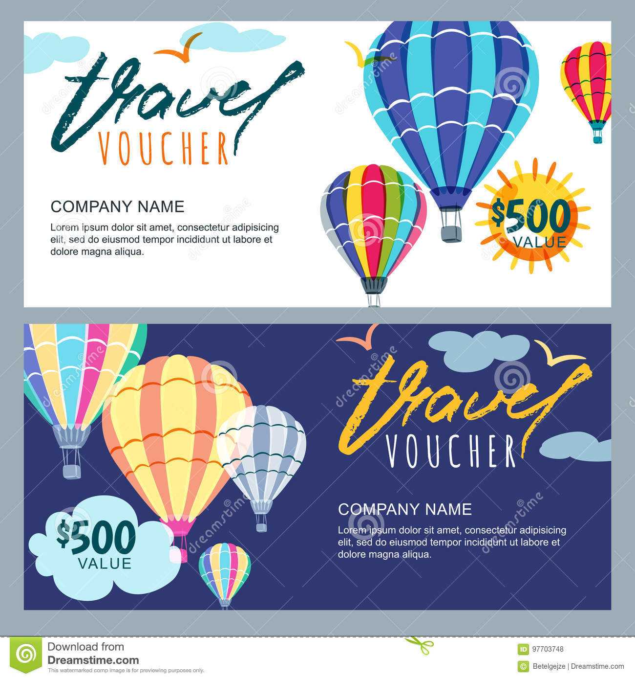 Vector Gift Travel Voucher Template. Multicolor Hot Air With Free Travel Gift Certificate Template
