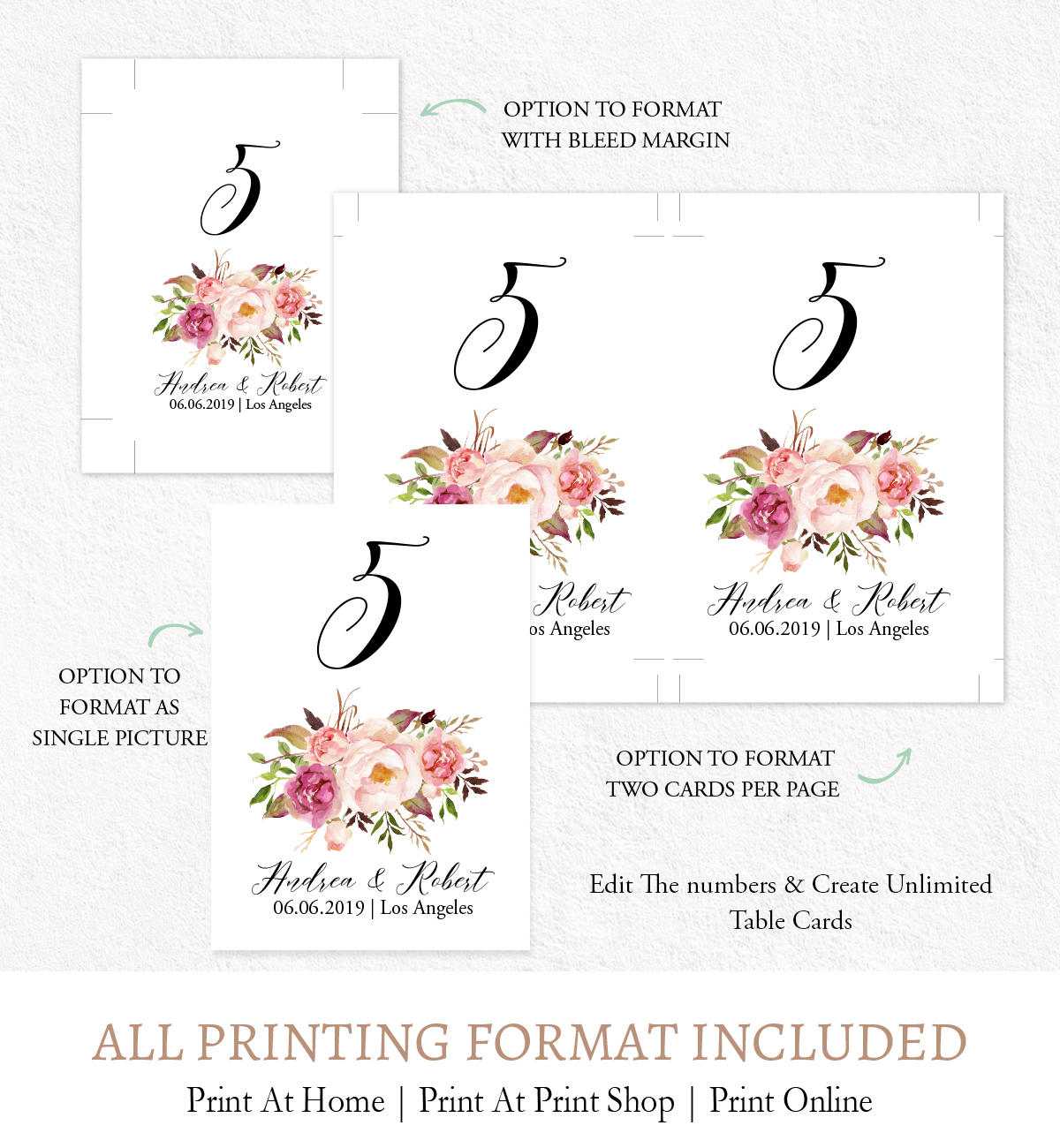 Watercolor Flowers Table Numbers Signage, Editable Numbers Card Template  Digital Printable F9 Intended For Table Number Cards Template