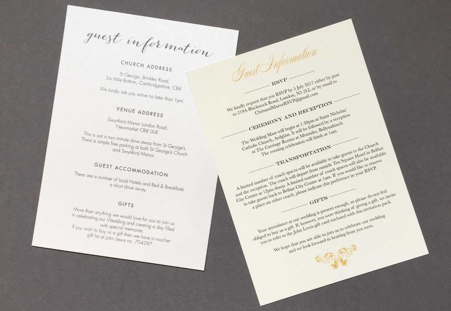 Wedding Guest Information Cards – What To Include | Foil Inside Wedding Hotel Information Card Template